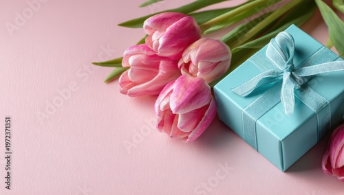 Beautiful Pink Tulips and Turquoise Gift Box on Pastel Pink Background.