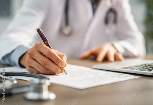 Doctor Writing Prescription on Paper with Stethoscope and Laptop.