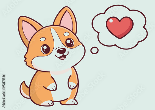 Cartoon corgi stands on hind legs with a heart in a cloud bubble.