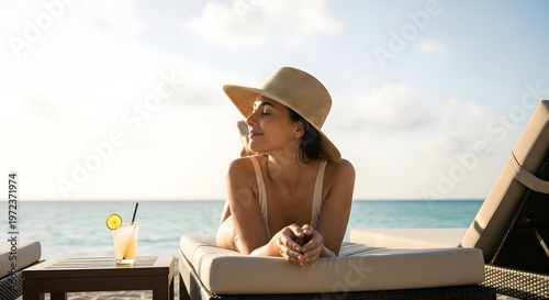 Luxury Tropical Beach Vacation Young Woman Relaxes on Sun Lounger with Refreshing Cocktail by the Ocean