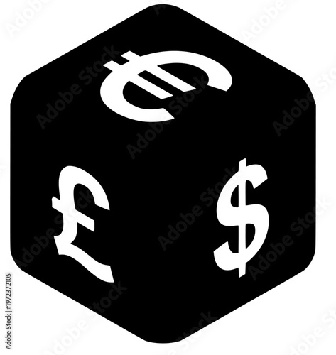 Navigating International Markets: A Symbolic Black Dice Featuring Euro, Pound, and Dollar Signs for Investment and Forex Decisions