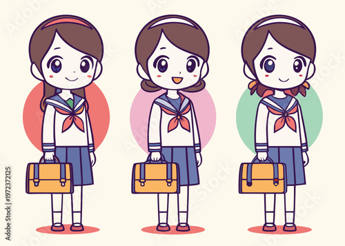 Three anime schoolgirls in white sailor uniforms carry brown briefcases while standing against colorful circles.