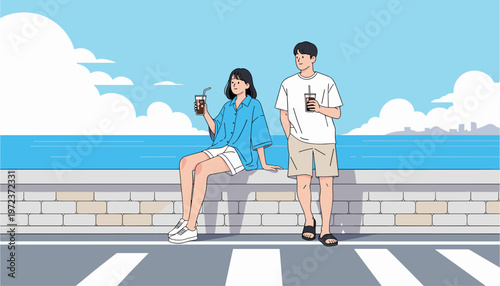 Young Couple Relaxing by Seaside Promenade Holding Drinks with Copy Space Illustration