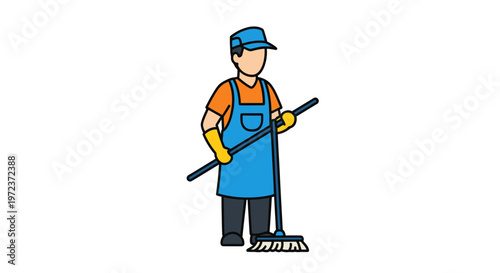 Janitor in Uniform with Broom and Gloves Holding Cleaning Equipment Ready for Work
