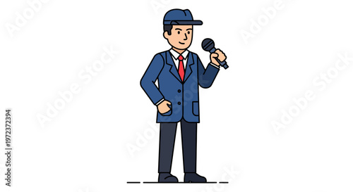 Illustrator of a journalist holding a microphone and speaking with a hat on and a suit
