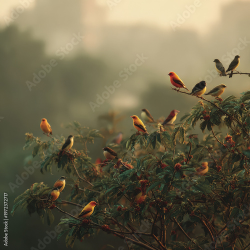 mesmerizing scene of various birds in their natural habitat illuminated by soft golden light of dawn