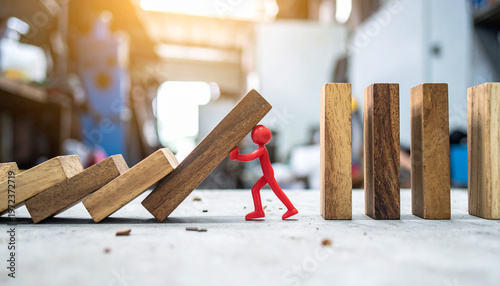Small red figurine pushing large wooden domino block, initiating chain reaction on workshop table—evoking cause, effect, and momentum of cascading events.
