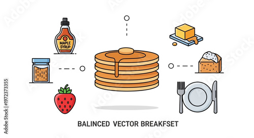 Pancakes with breakfast food items around.