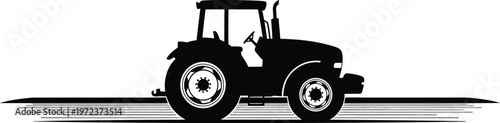 Black tractor silhouette vector, agricultural machinery icon on white background, farm vehicle profile for rural industry and farming logos