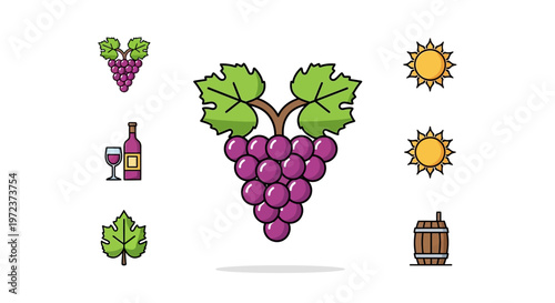 Purple Grapes with Green Leaves Bunch.