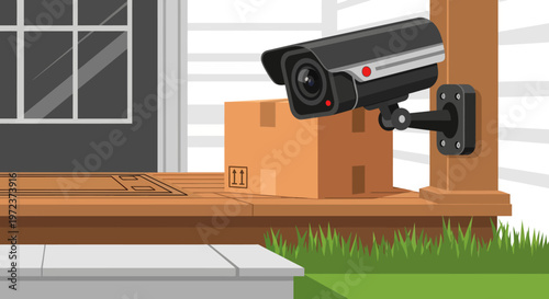Modern home surveillance camera protecting delivered package on porch, ensuring secure property and peace of mind for residents