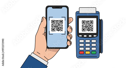 Modern mobile payment transaction with smartphone and payment terminal featuring QR codes for contactless purchases