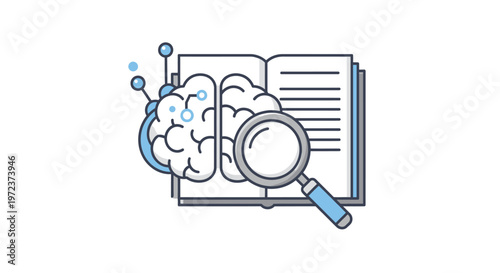 Brain with magnifying glass on book.