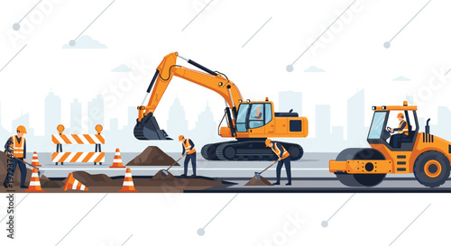 Construction crew works on a city road using a large orange excavator and a heavy steamroller to pave the street near an urban skyline.