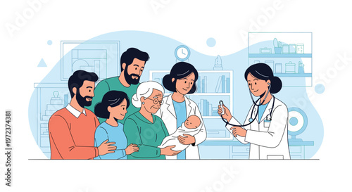 Pediatric doctor examines a newborn baby with a stethoscope in a clinic while the multi-generational family watches with joy and care.