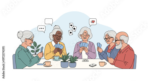 Group of diverse senior friends enjoys a social gathering while playing cards and drinking tea at a table decorated with potted plants.