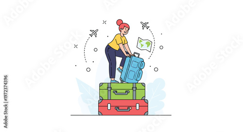 Adventurous young woman stands on a stack of colorful suitcases dreaming of travel with paper airplanes and a world map in the background.