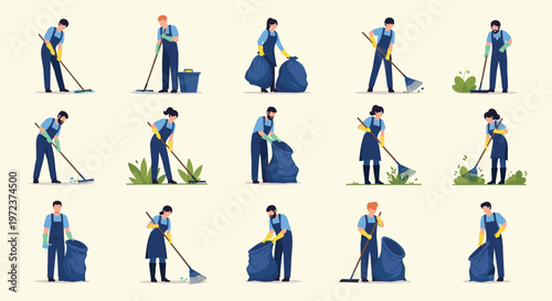 Large collection of diverse workers performing various cleaning and janitorial tasks such as sweeping and collecting trash bags.