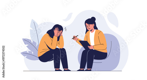 Compassionate therapist listens and comforts a crying young woman during a mental health counseling session in a calm office.