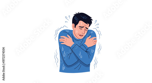 Sick young man shivers and sweats while hugging himself to symbolize high fever, chills, and the symptoms of a serious illness.