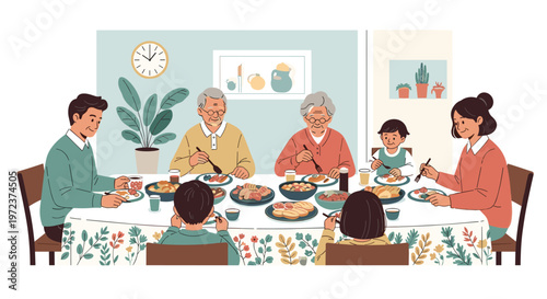 Large multi-generational family enjoys a healthy dinner together at a long table in a bright and cozy dining room at home.