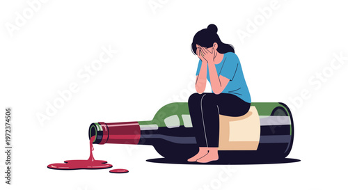 Sad young woman sits on a giant spilled bottle of red wine crying to represent the emotional struggle of alcohol addiction.