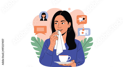 Young woman with a cup of coffee and a white tissue looks away thoughtfully surrounded by social media and message icons.