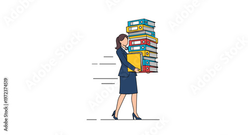Busy businesswoman walks quickly while carrying a massive stack of colorful office folders and files to represent a high workload.