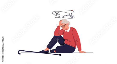 Elderly woman sits on the floor feeling dizzy and disoriented after a fall with a walking cane lying nearby on the ground.
