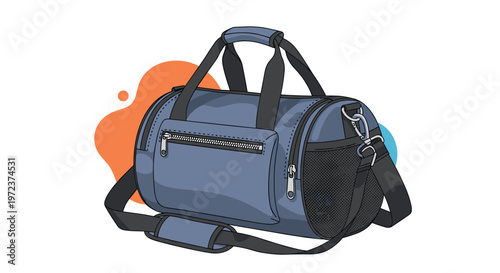 Versatile blue sports gym bag with multiple zippered pockets and a comfortable shoulder strap against a colorful background.