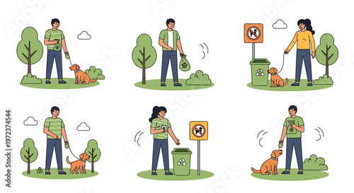 Set of illustrations showing responsible pet owners cleaning up dog waste in a public park with green trees and grass.