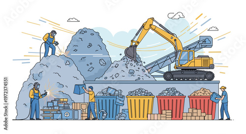 Efficient waste management facility where workers sort materials into colorful recycling bins using heavy excavators and tools.