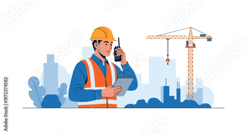 Construction site supervisor in safety gear talking on a walkie-talkie and holding a tablet with a crane in the city.