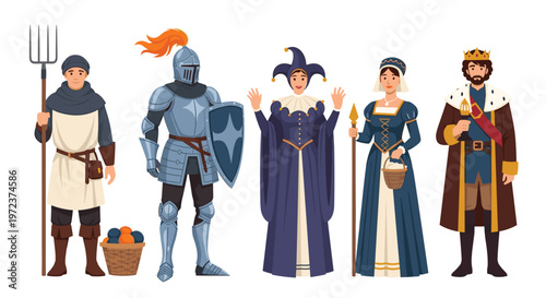 Group of characters dressed in medieval costumes including a peasant knight jester noble lady and a king illustration.