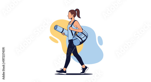 Fit young woman walking to her workout class carrying a rolled blue yoga mat and a matching blue gym bag on her shoulder.