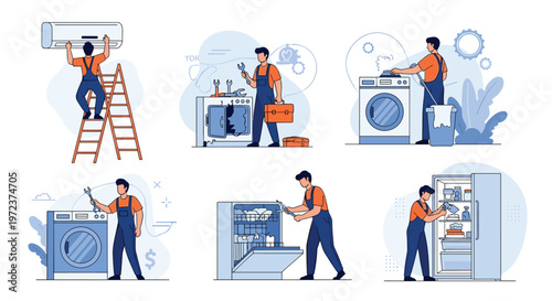 Set of six illustrations showing male technicians in orange and blue uniforms repairing various household appliances.