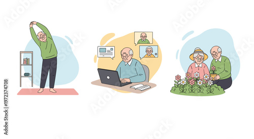 Three illustrations of happy seniors enjoying an active lifestyle through home exercise video calls and gardening.