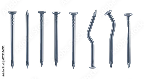 Collection of eight steel construction nails including straight ones and bent ones for various carpentry projects.