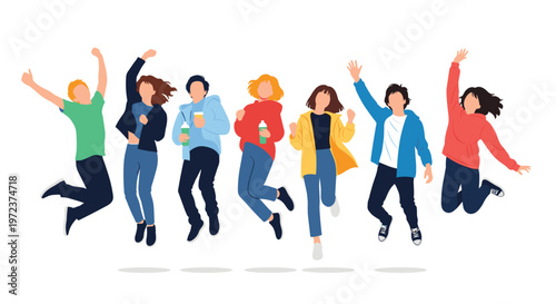 Group of seven diverse young people jumping high in the air with joyful expressions and energetic poses together.