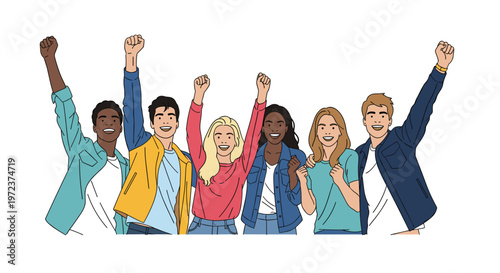 Excited group of diverse young people raising their fists in a gesture of victory, unity, and shared success on a plain white background.