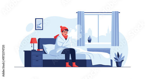 Sick man shivering with cold while sitting on his bed wrapped in a thick white blanket in a chilly blue bedroom.