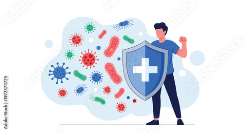 Strong man holding a blue medical shield with a cross to protect himself from attacking colorful germs, bacteria, and virus particles.