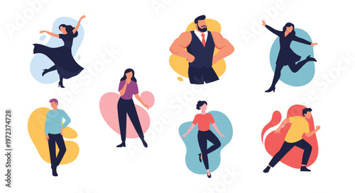 Diverse people characters in various active poses including dancing, running, flexing muscles, and standing in casual clothes.