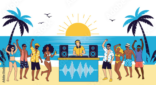 Group of people dancing and enjoying a summer beach party with a professional DJ playing music during a beautiful sunset over the ocean.