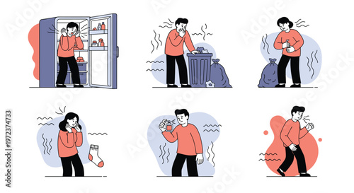 Illustrations showing a man and a woman reacting with disgust to various bad odors like old food, trash, and smelly socks at home.