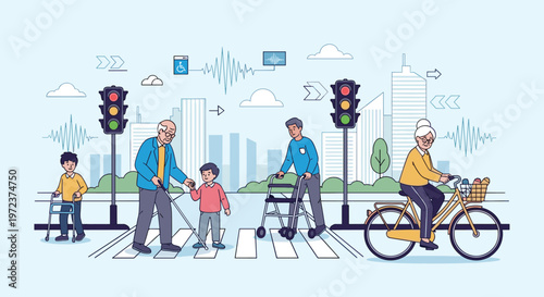 Group of people with diverse disabilities including a blind man and wheelchair users safely crossing a city street at a crosswalk.