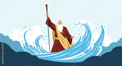 Biblical scene of a wise old man with a long white beard and a staff standing as powerful waves of the sea part to create a safe path.