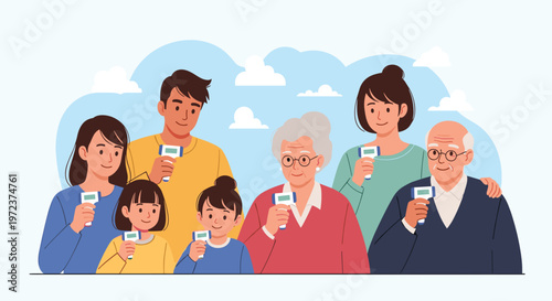 Large happy multigenerational family standing together and holding handheld infrared thermometers during a health check or screening.