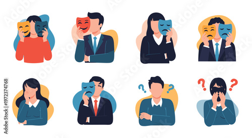 Illustration set of business people holding theater-style masks with happy and sad expressions to represent hidden emotions or feelings.