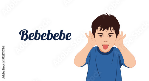 Playful young boy sticking out his tongue and making a funny face with his hands behind his ears next to the text bebebebe.